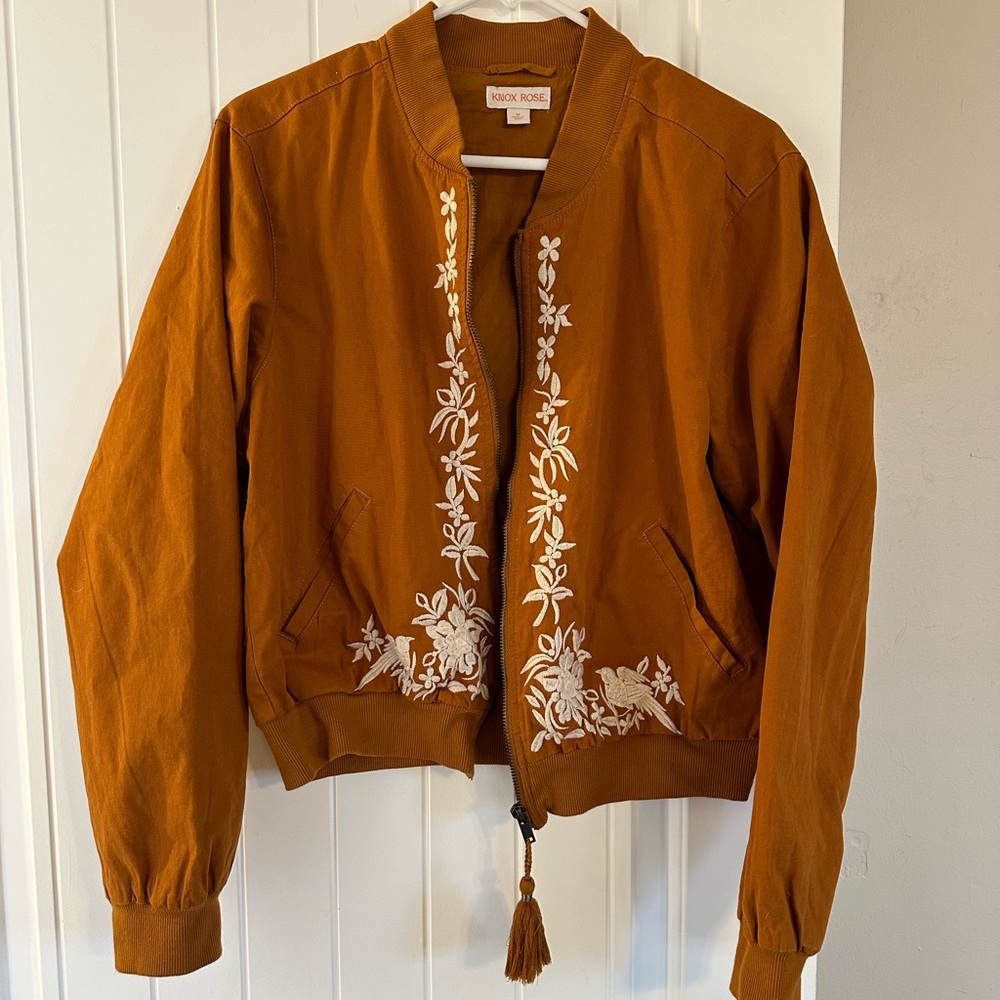 Embroidered Bomber Jacket With Tassel Zipper Pull